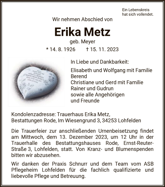 Todesanzeige von Erika Metz von HNA