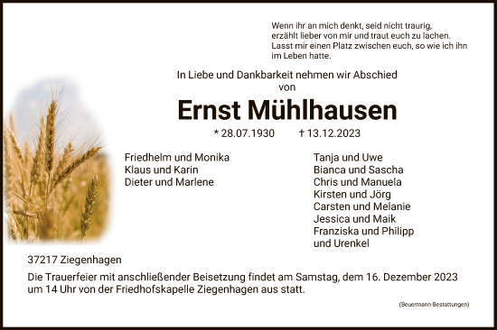 Todesanzeige von Ernst Mühlhausen von HNA