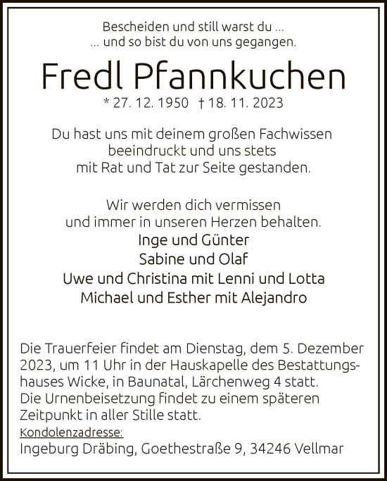 Todesanzeige von Fredl Pfannkuchen von HNA