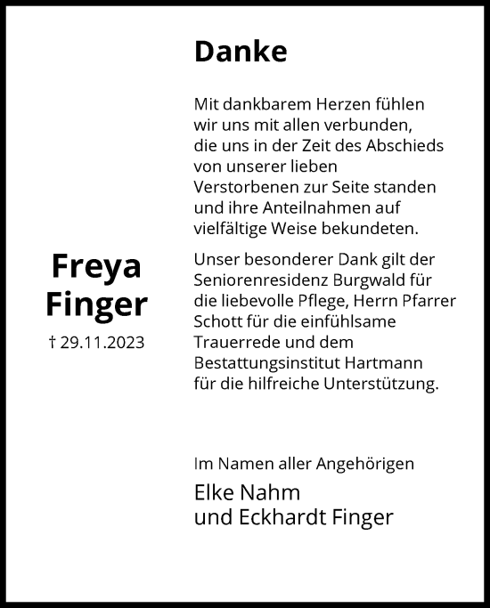 Todesanzeige von Freya Finger von HNA