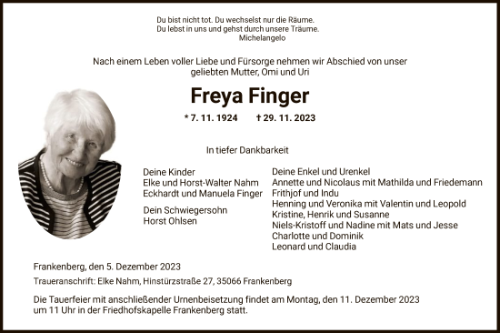 Todesanzeige von Freya Finger von HNA