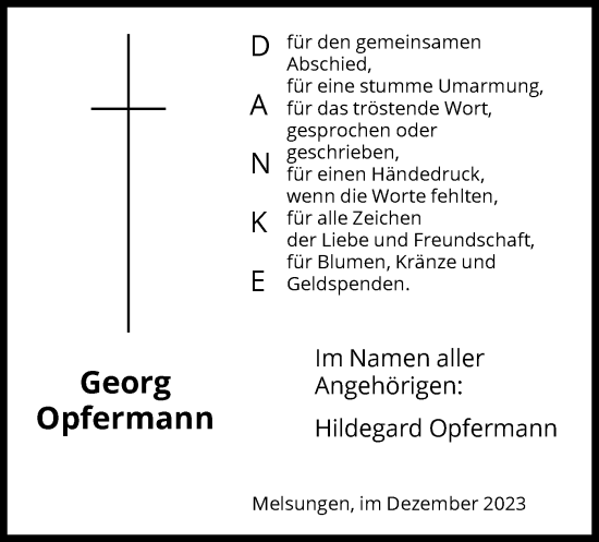 Todesanzeige von Georg Opfermann von HNA