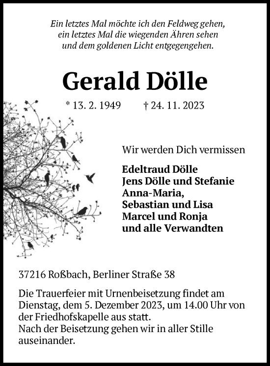 Todesanzeige von Gerald Dölle von HNA