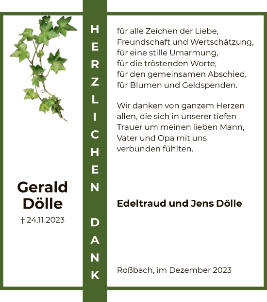Todesanzeige von Gerald Dölle von HNA