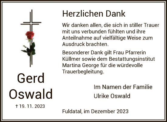 Todesanzeige von Gerd Oswald von HNA