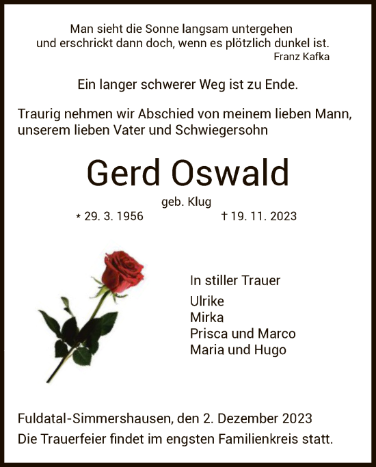 Todesanzeige von Gerd Oswald von HNA