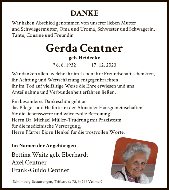 Todesanzeige von Gerda Centner von HNA