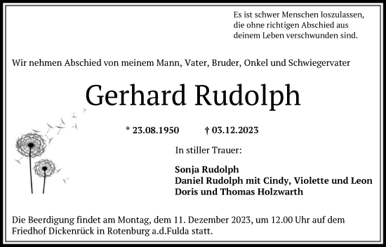 Todesanzeige von Gerhard Rudolph von HNAHNA