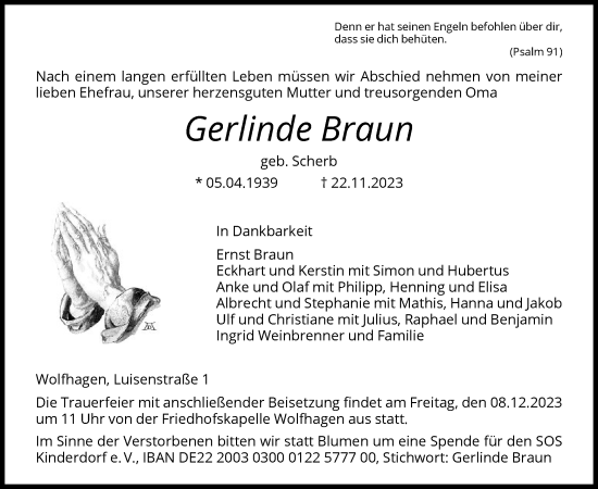 Todesanzeige von Gerlinde Braun von HNA