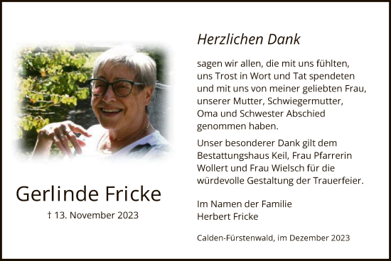 Todesanzeige von Gerlinde Fricke von HNAHNA