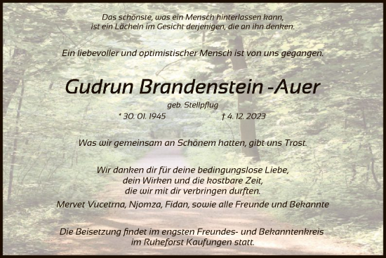 Todesanzeige von Gudrun Brandenstein-Auer von HNA