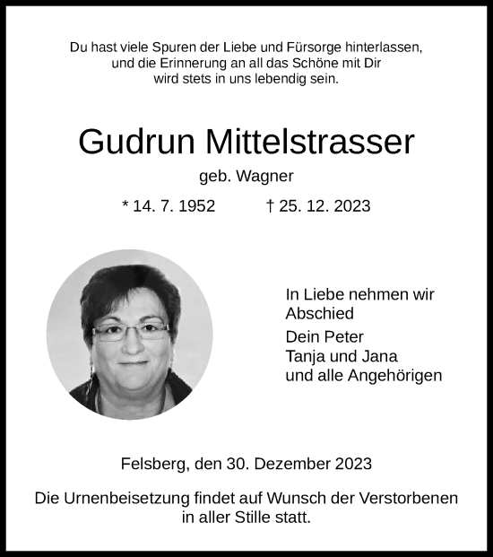 Todesanzeige von Gudrun Mittelstrasser von HNA