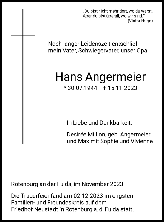 Todesanzeige von Hans Angermeier von HNA
