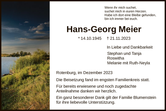 Todesanzeige von Hans-Georg Meier von HNA