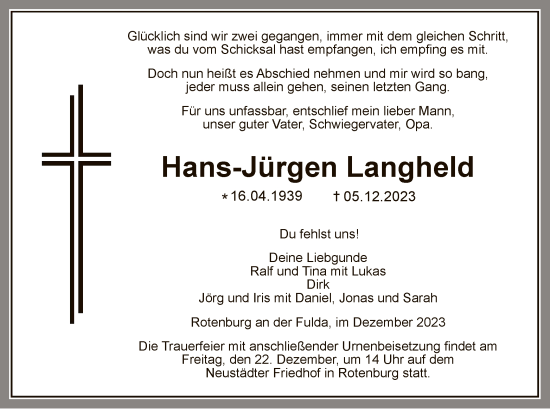 Todesanzeige von Hans-Jürgen Langheld von HNA