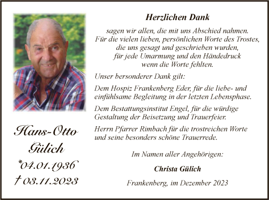 Todesanzeige von Hans-Otto Gülich von HNAWLZ