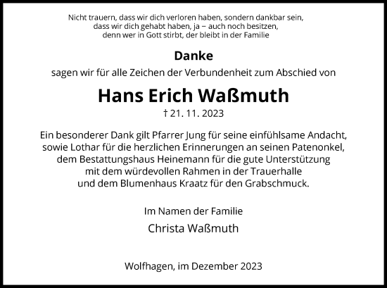 Todesanzeige von Hans Erich Waßmuth von HNA