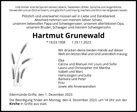 Todesanzeige von Hartmut Grunewald von HNAHNA
