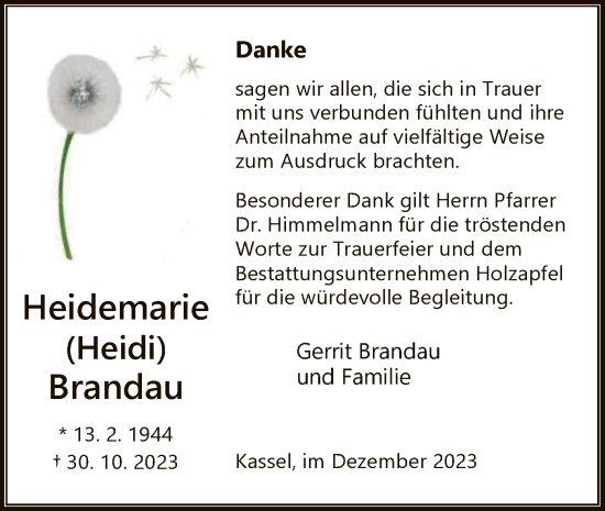 Todesanzeige von Heidemarie Brandau von HNA