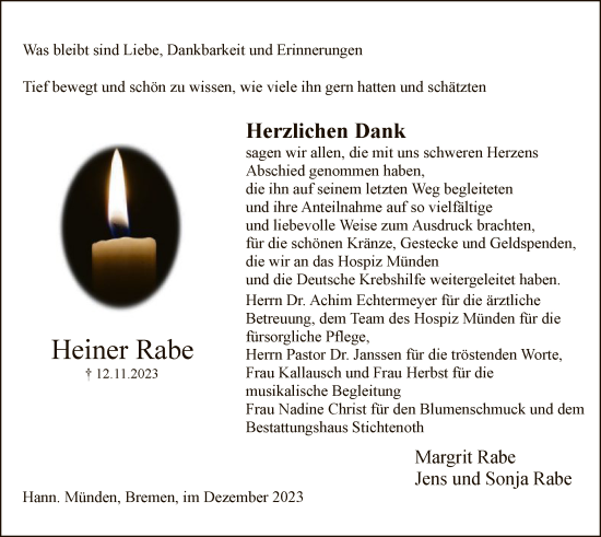 Todesanzeige von Heiner Rabe von HNA