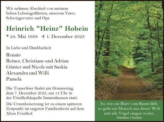 Todesanzeige von Heinrich Hobein von HNA