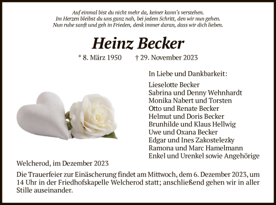 Todesanzeige von Heinz Becker von HNA
