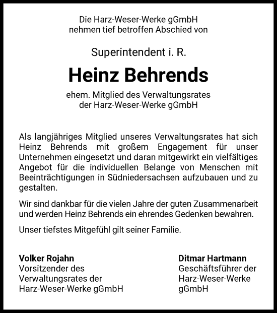 Todesanzeige von Heinz Behrends von HNA