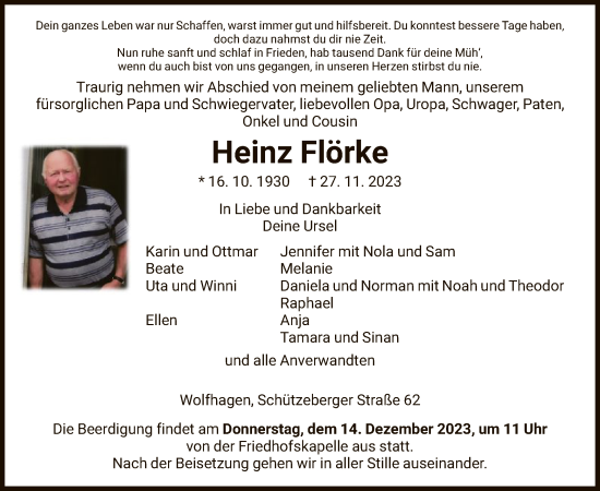 Todesanzeige von Heinz Flörke von HNA