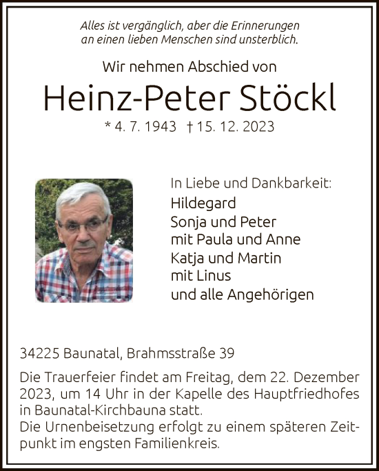 Todesanzeige von Heinz-Peter Stöckl von HNA