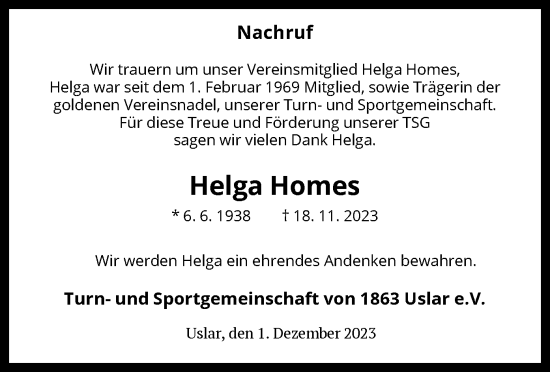 Todesanzeige von Helga Homes von HNA
