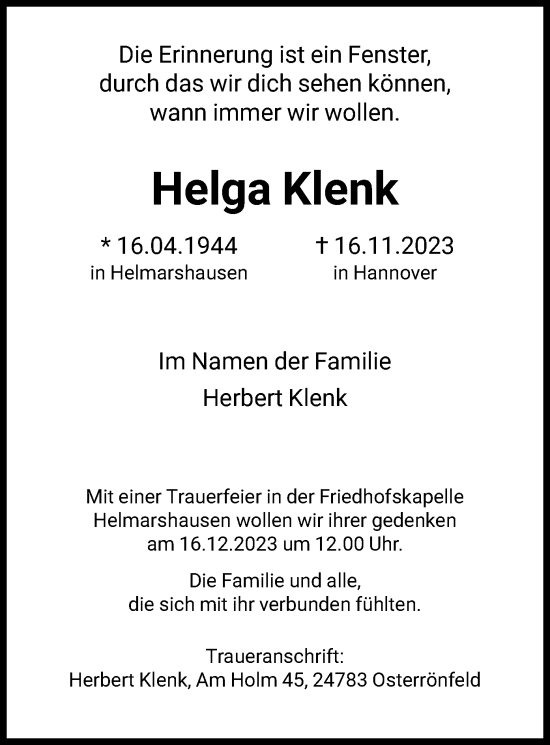 Todesanzeige von Helga Klenk von HNA
