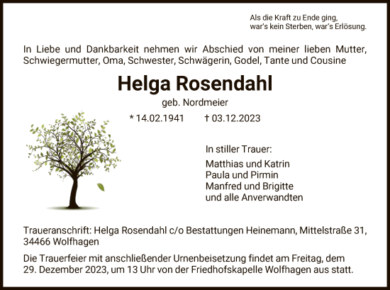 Todesanzeige von Helga Rosendahl von HNA