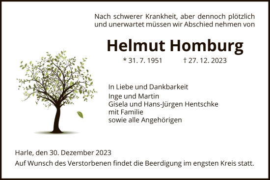 Todesanzeige von Helmut Homburg von HNA