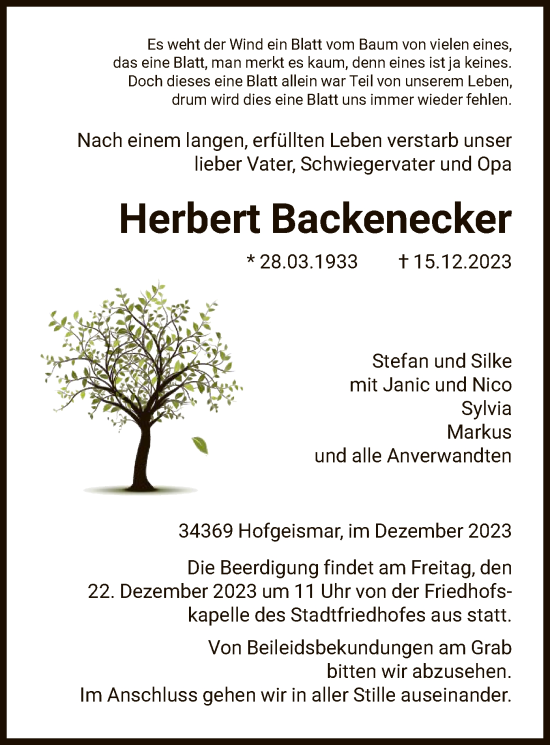 Todesanzeige von Herbert Backenecker von HNA