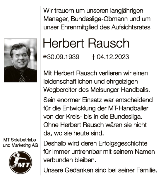 Todesanzeige von Herbert Rausch von HNA