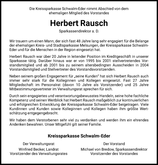 Todesanzeige von Herbert Rausch von HNAHNAHNA
