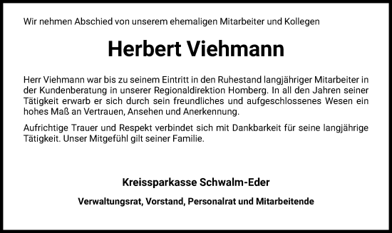 Todesanzeige von Herbert Viehmann von HNA