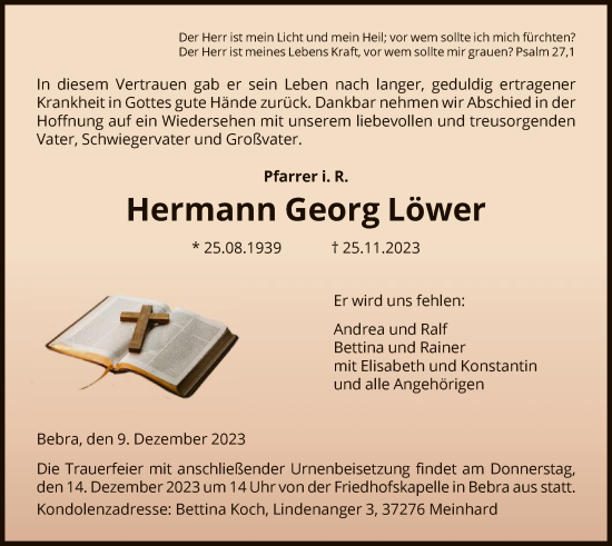 Todesanzeige von Hermann Georg Löwer von HNA