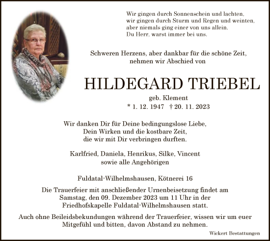 Todesanzeige von Hildegard Triebel von HNAHNA