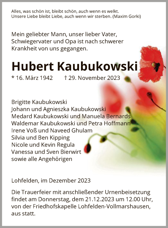 Todesanzeige von Hubert Kaubukowski von HNA