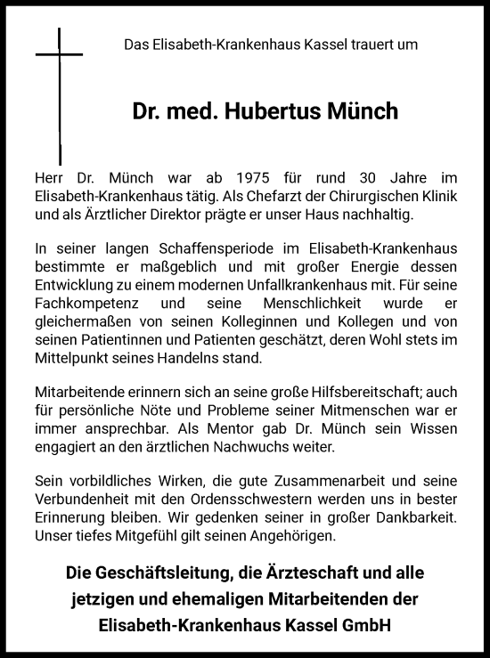 Todesanzeige von Hubertus Münch von HNA