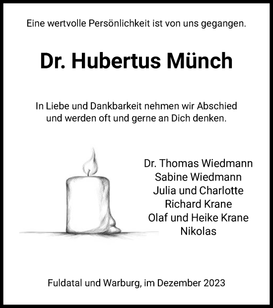 Todesanzeige von Hubertus Münch von HNA