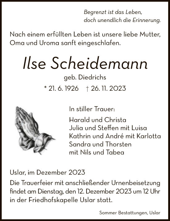 Todesanzeige von Ilse Scheidemann von HNA