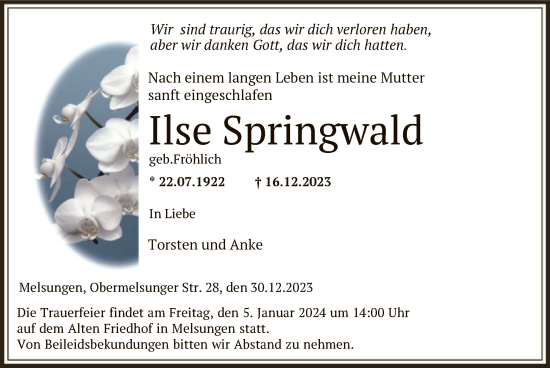 Todesanzeige von Ilse Springwald von HNA
