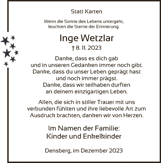 Todesanzeige von Inge Wetzlar von HNA