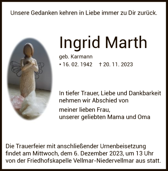 Todesanzeige von Ingrid Marth von HNA