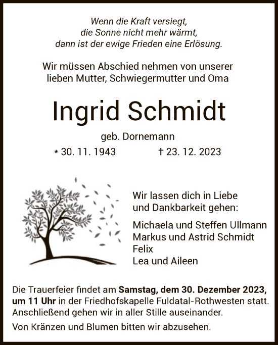 Todesanzeige von Ingrid Schmidt von HNA