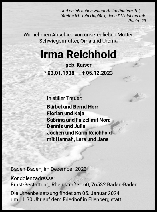 Todesanzeige von Irma Reichhold von HNAHNA