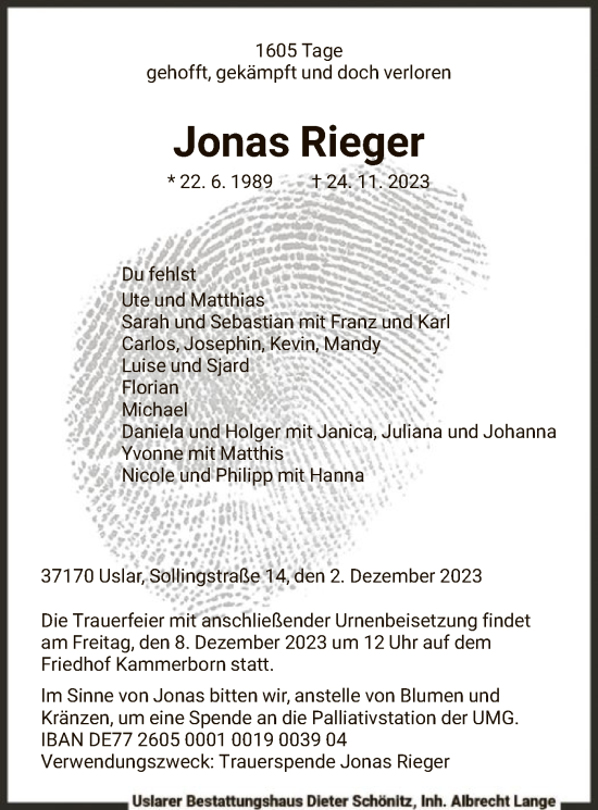 Todesanzeige von Jonas Rieger von HNA