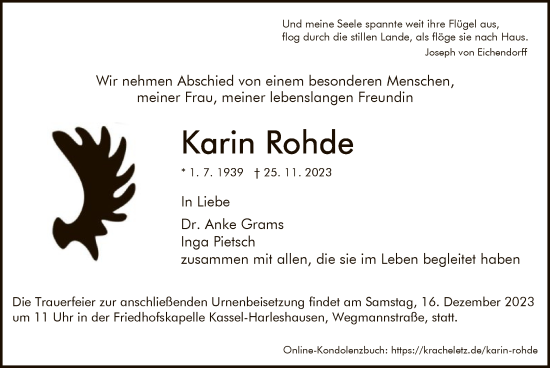 Todesanzeige von Karin Rohde von HNA
